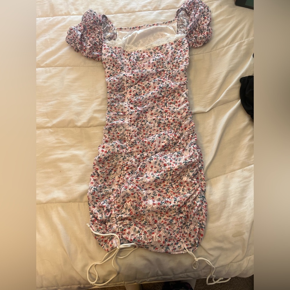 SHEIN Ruched Floral Mini Dress - Pink and White